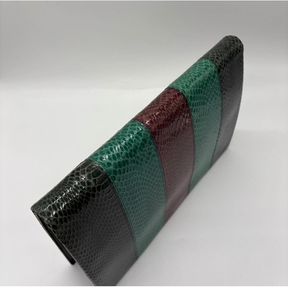 Vintage YSL Yves Saint Laurent Snakeskin Stripe Clutch Bag Green Burgundy 1970s - Picture 4 of 14